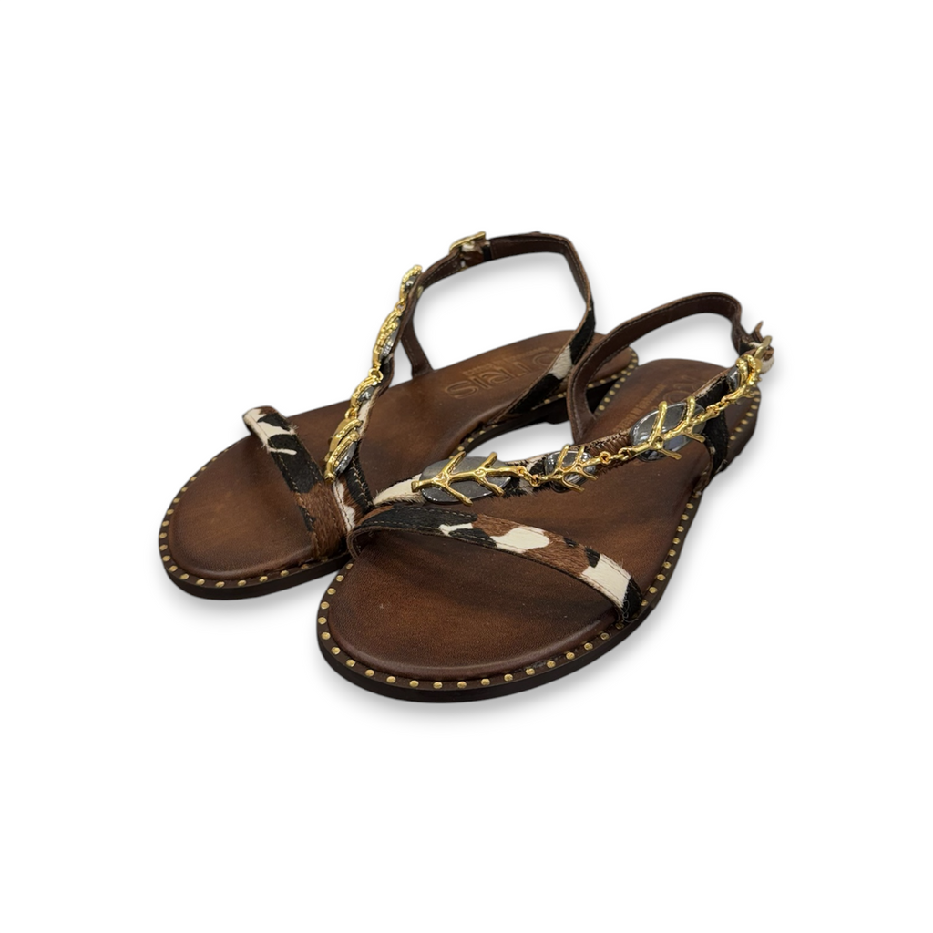 Women's pony hair leather flat sandals with jewel details - 04-3119