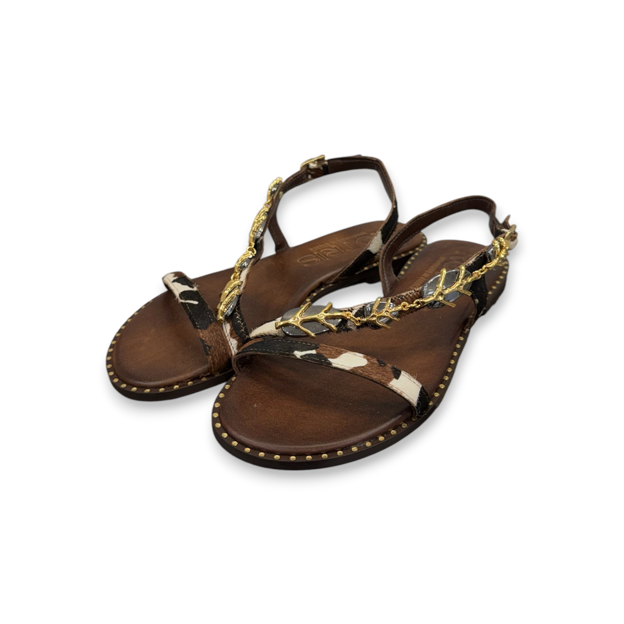 Women's pony hair leather flat sandals with jewel details - 04-3119