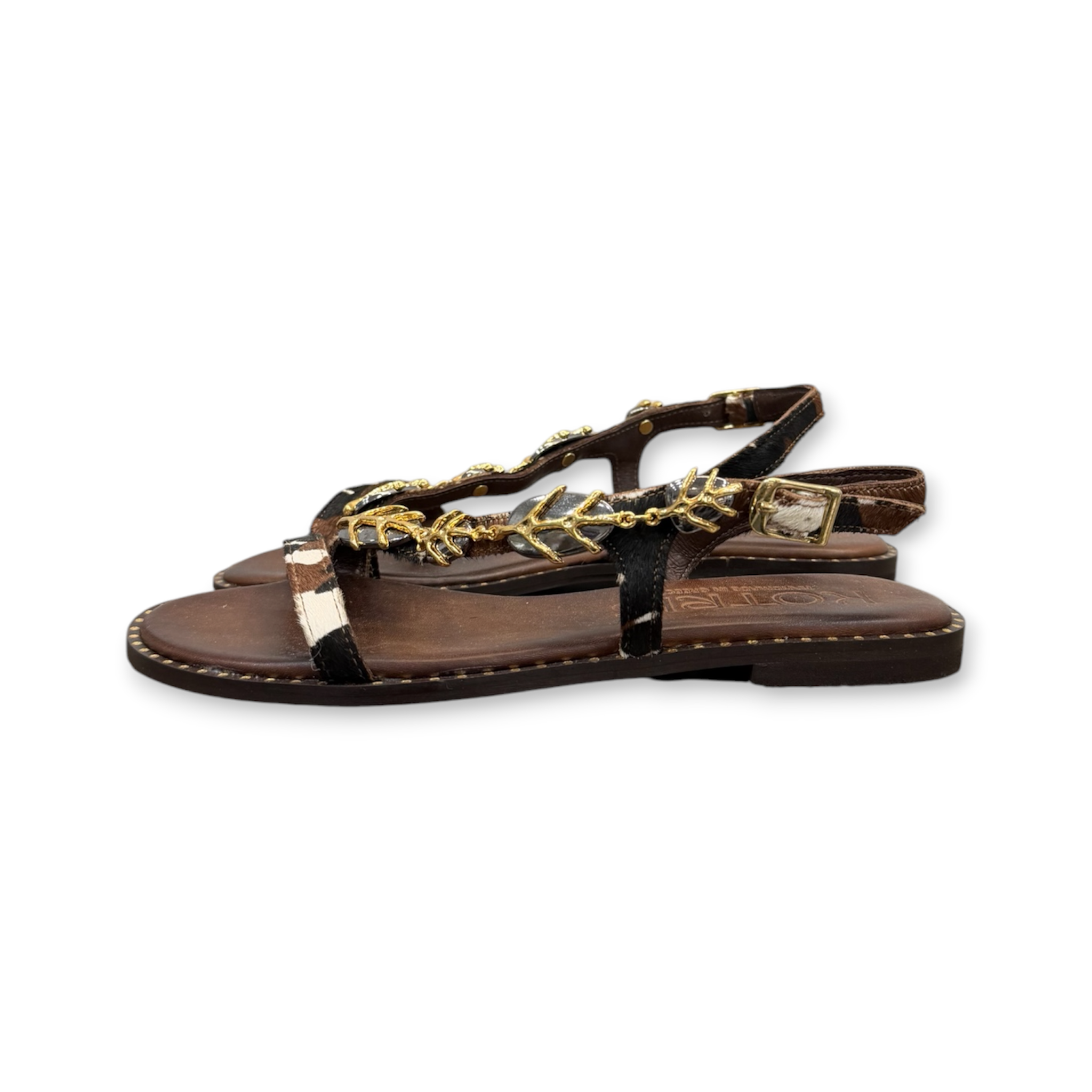 Women's pony hair leather flat sandals with jewel details - 04-3119