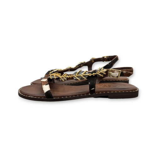 Women's pony hair leather flat sandals with jewel details - 04-3119