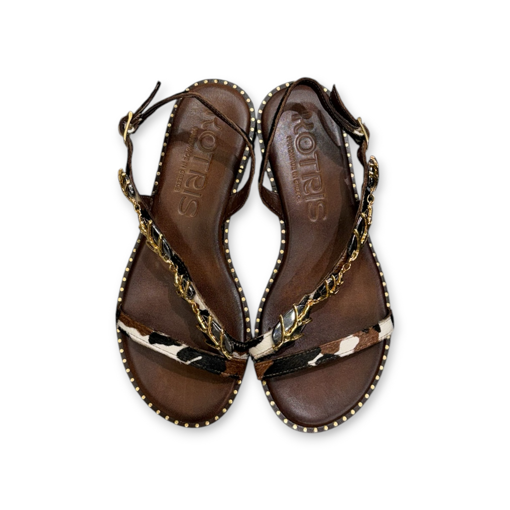 Women's pony hair leather flat sandals with jewel details - 04-3119