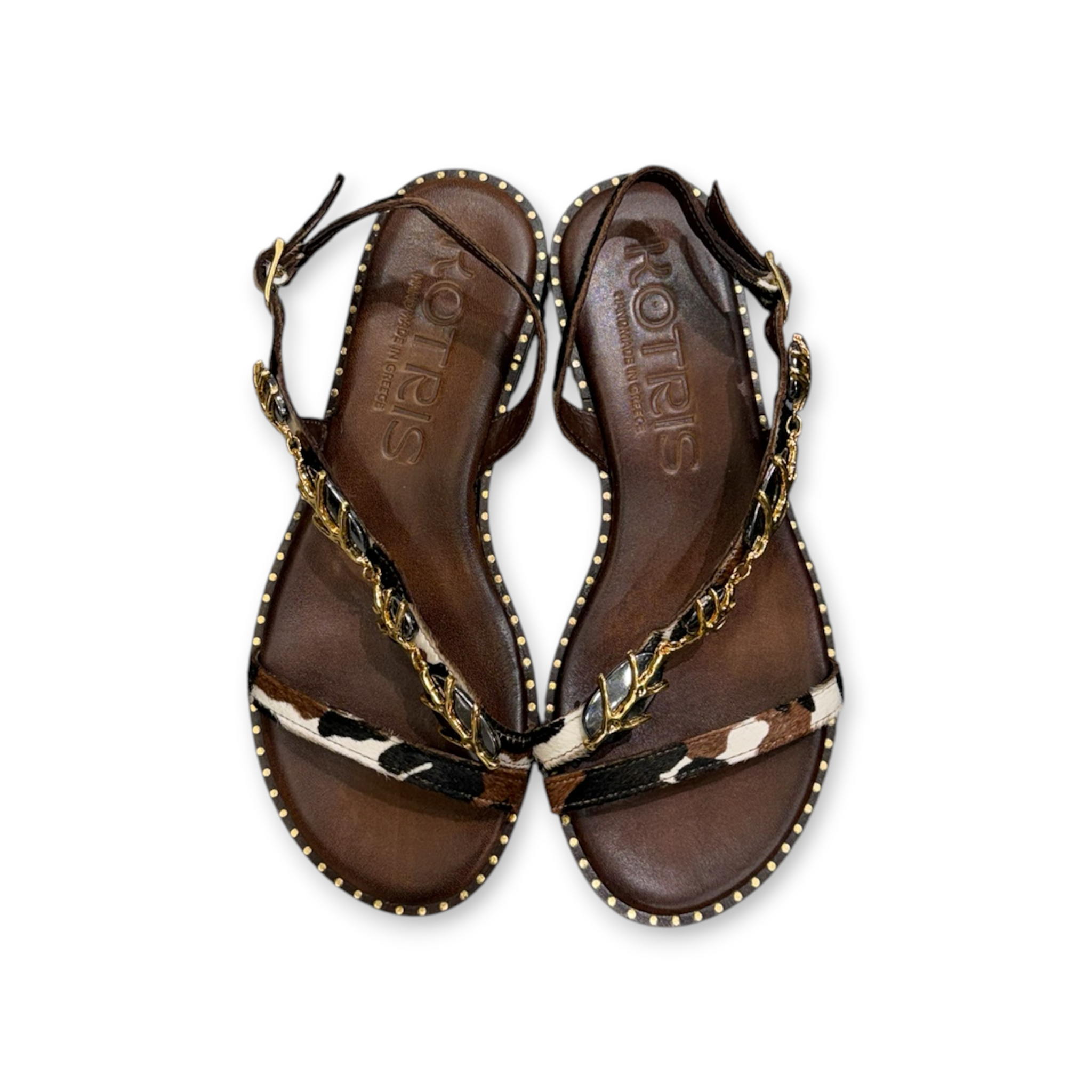 Women's pony hair leather flat sandals with jewel details - 04-3119