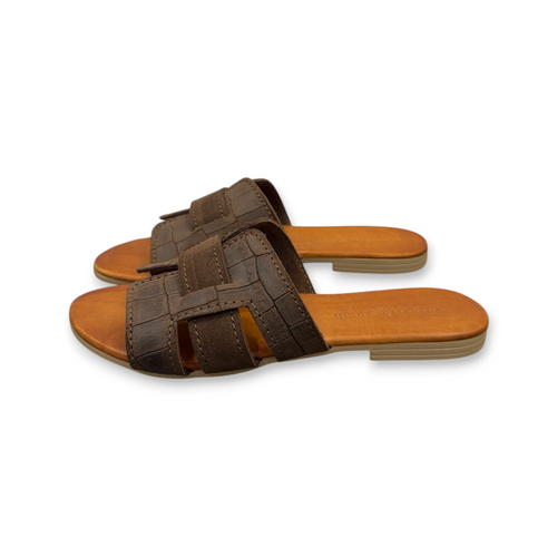 Women's crocodile embossed suede calf leather flat sandals - 2885