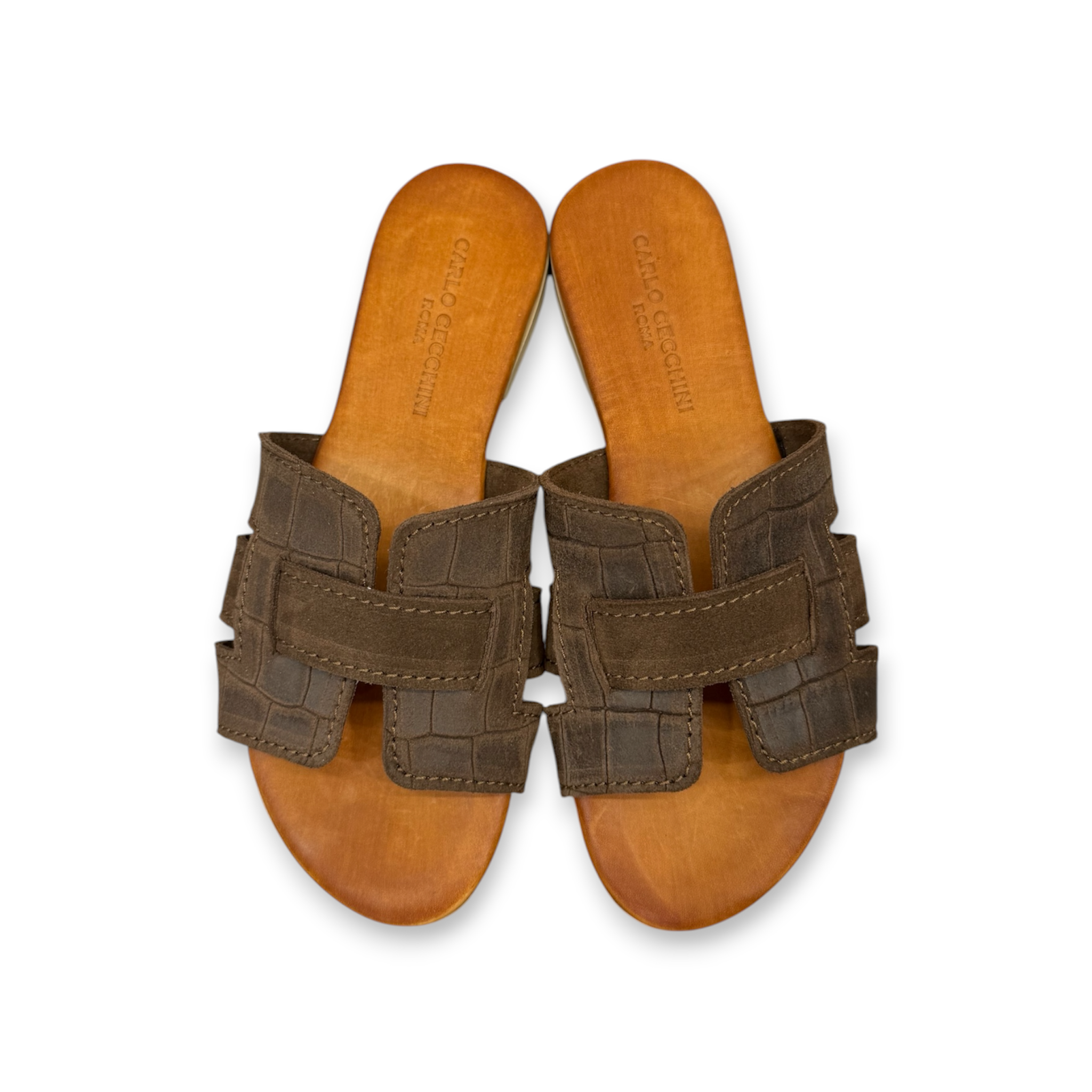 Sandali bassi da donna in pelle di vitello scamosciata stampa coccodrillo - 2885