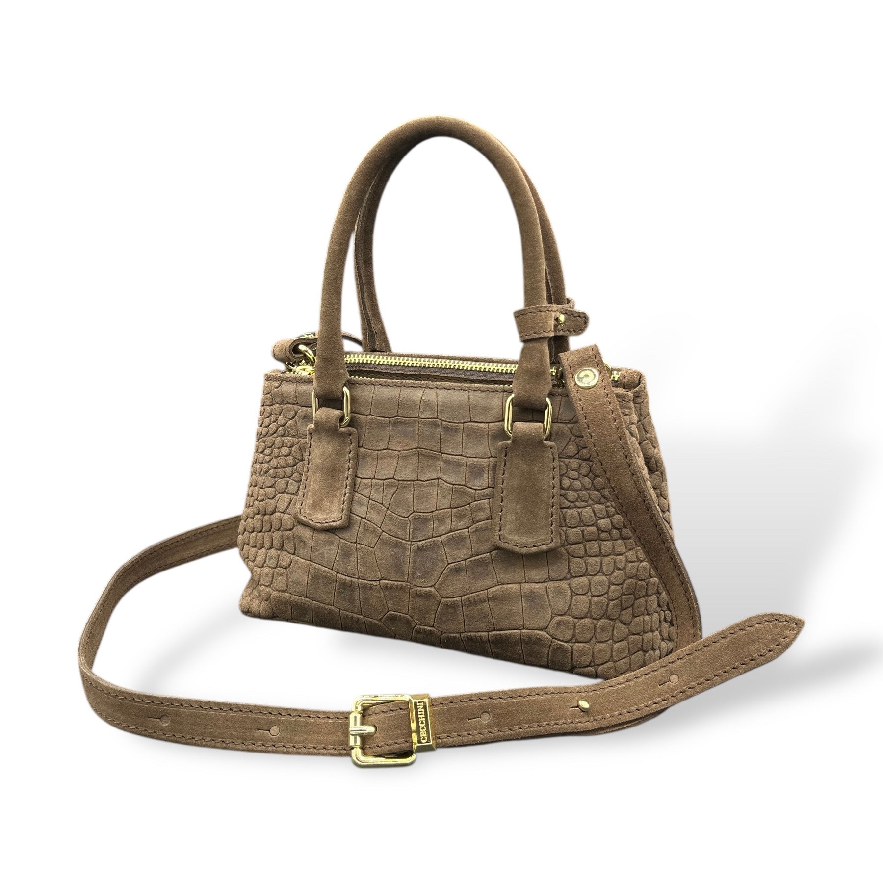 BARBY 25 - Women's crocodile embossed suede calf leather handbag
