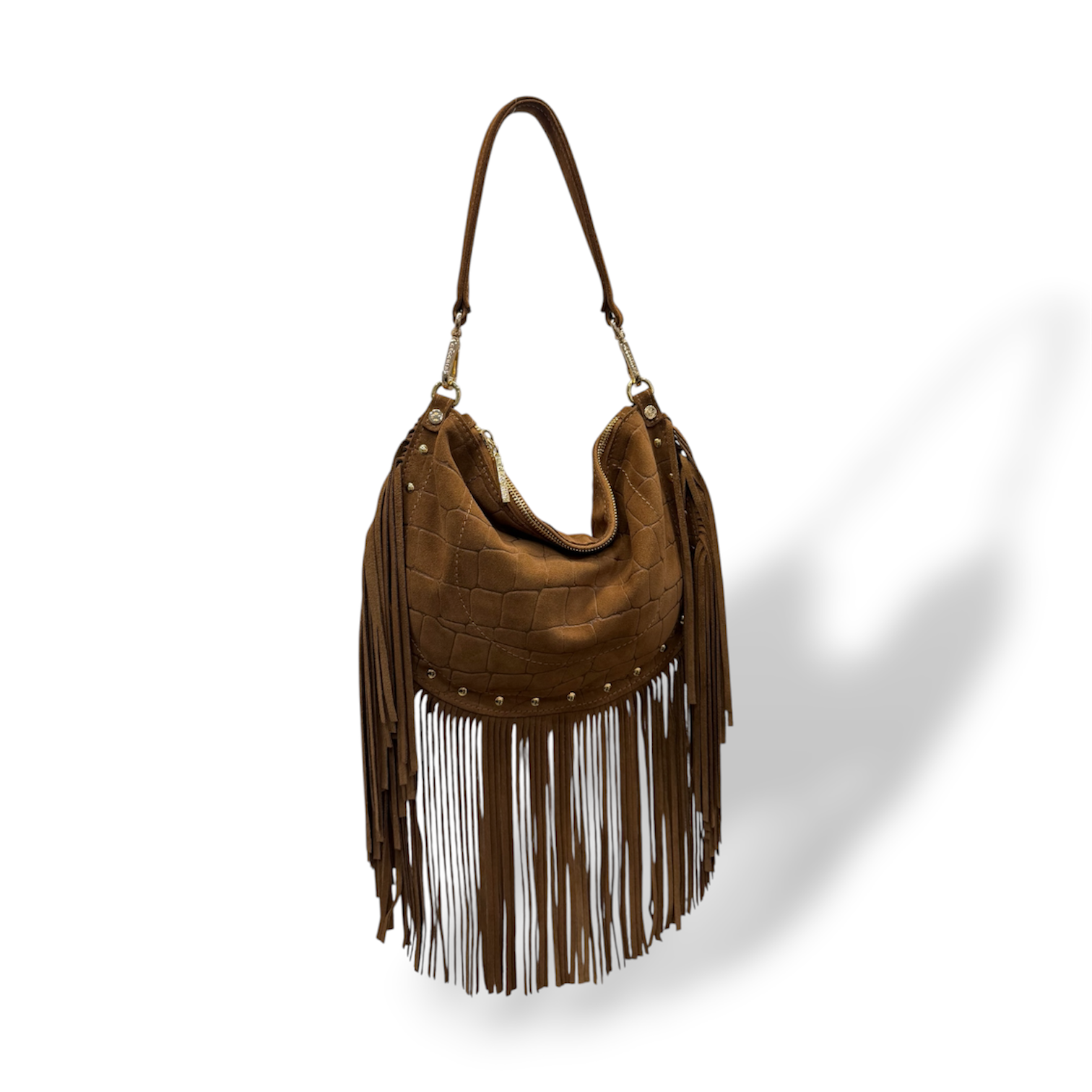 ISABEL fringes - Women's crocodile suede calf leather shoulder bag