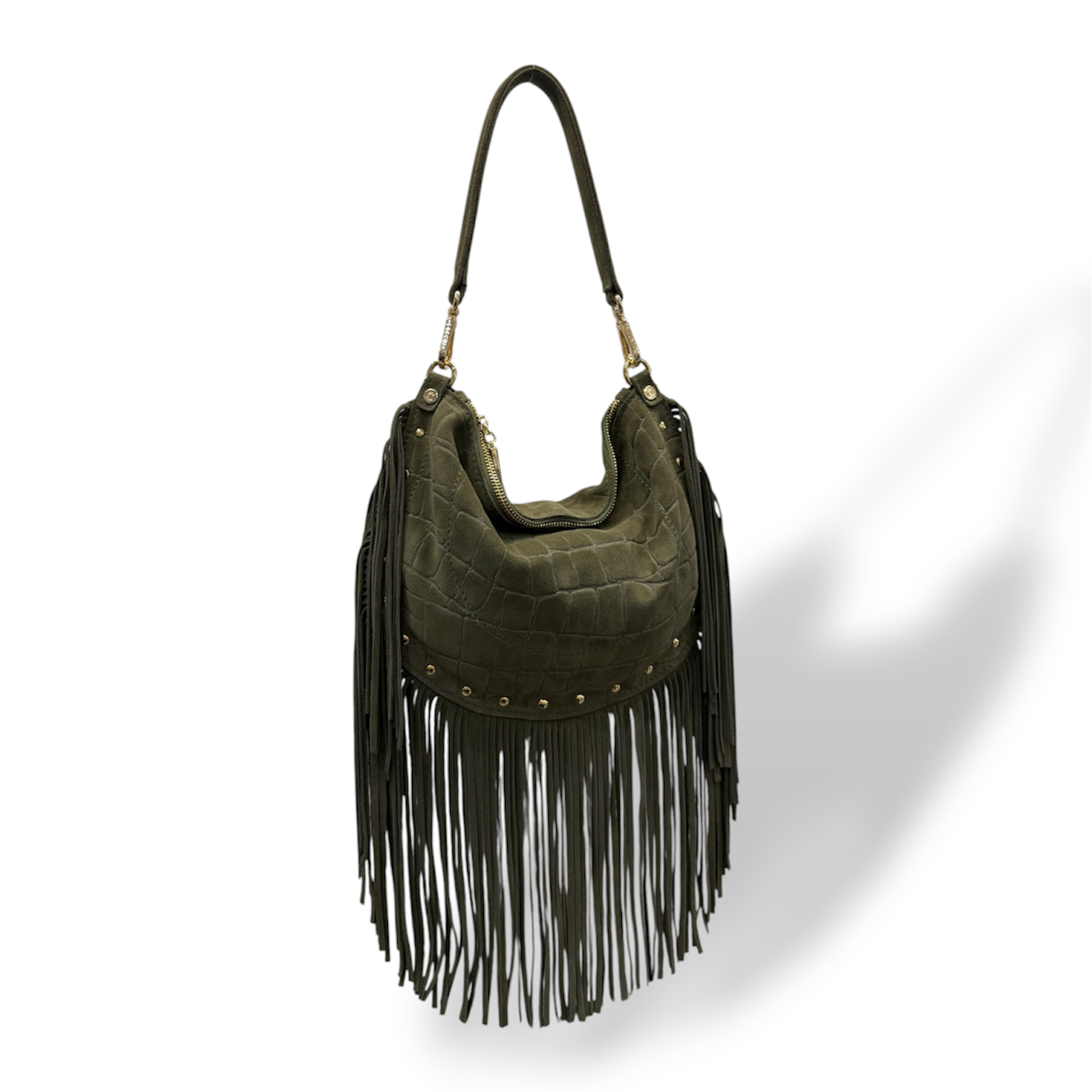 ISABEL fringes - Women's crocodile suede calf leather shoulder bag