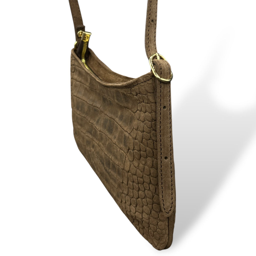 JASMINE tall - Women's crocodile embossed suede calf leather shoulder bag