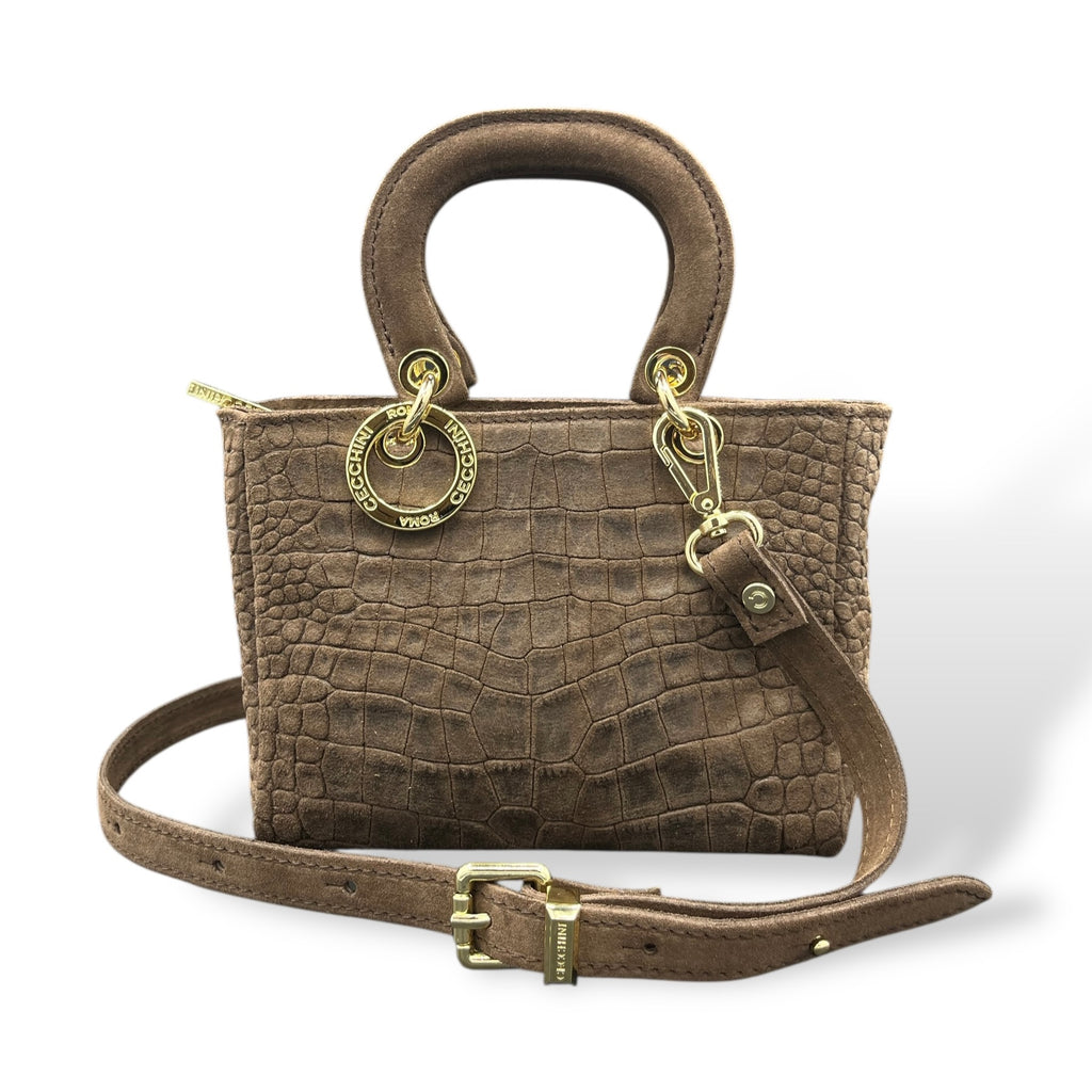 LADY B - Women's crocodile embossed suede calf leather handbag