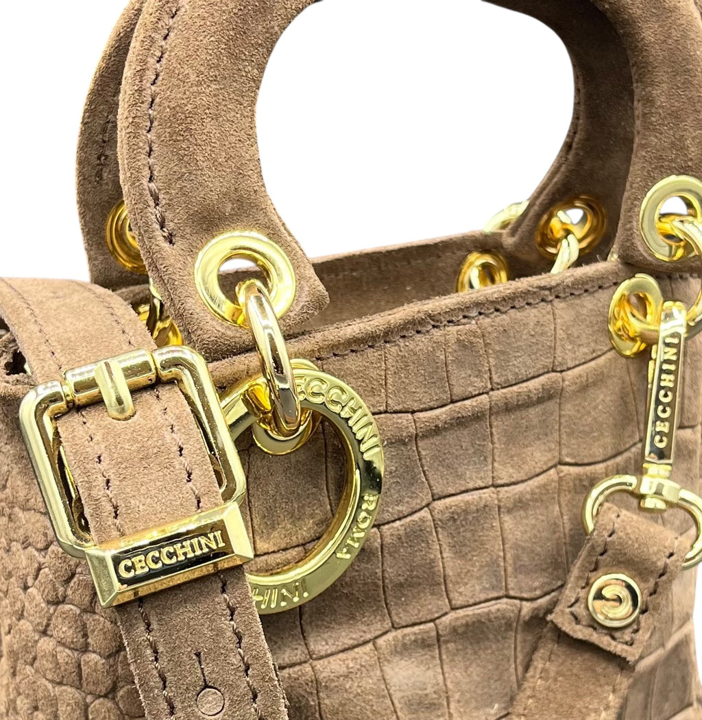LADY B MINI - Women's crocodile embossed suede calf leather handbag