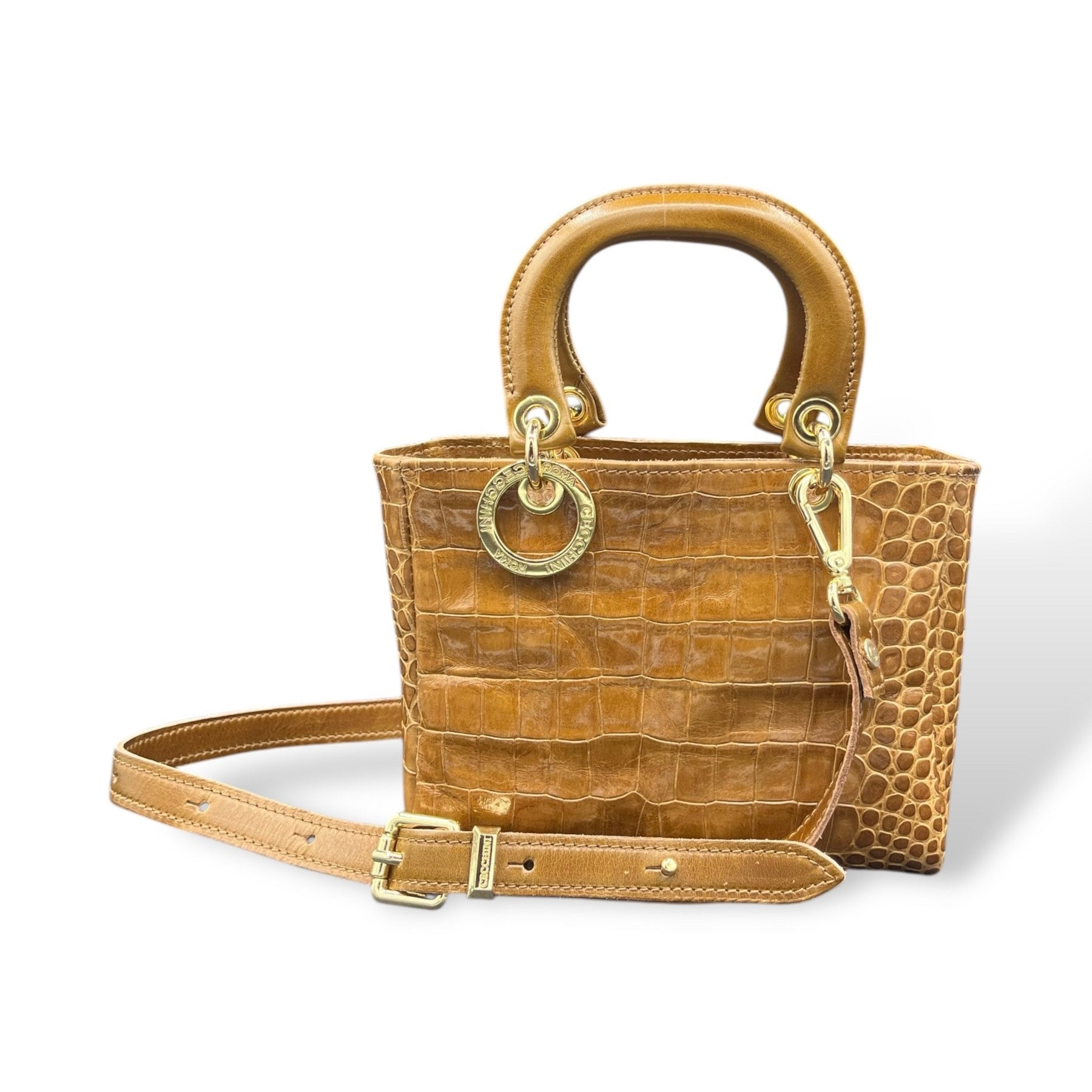 LADY B - Women's crocodile embossed calf leather handbag