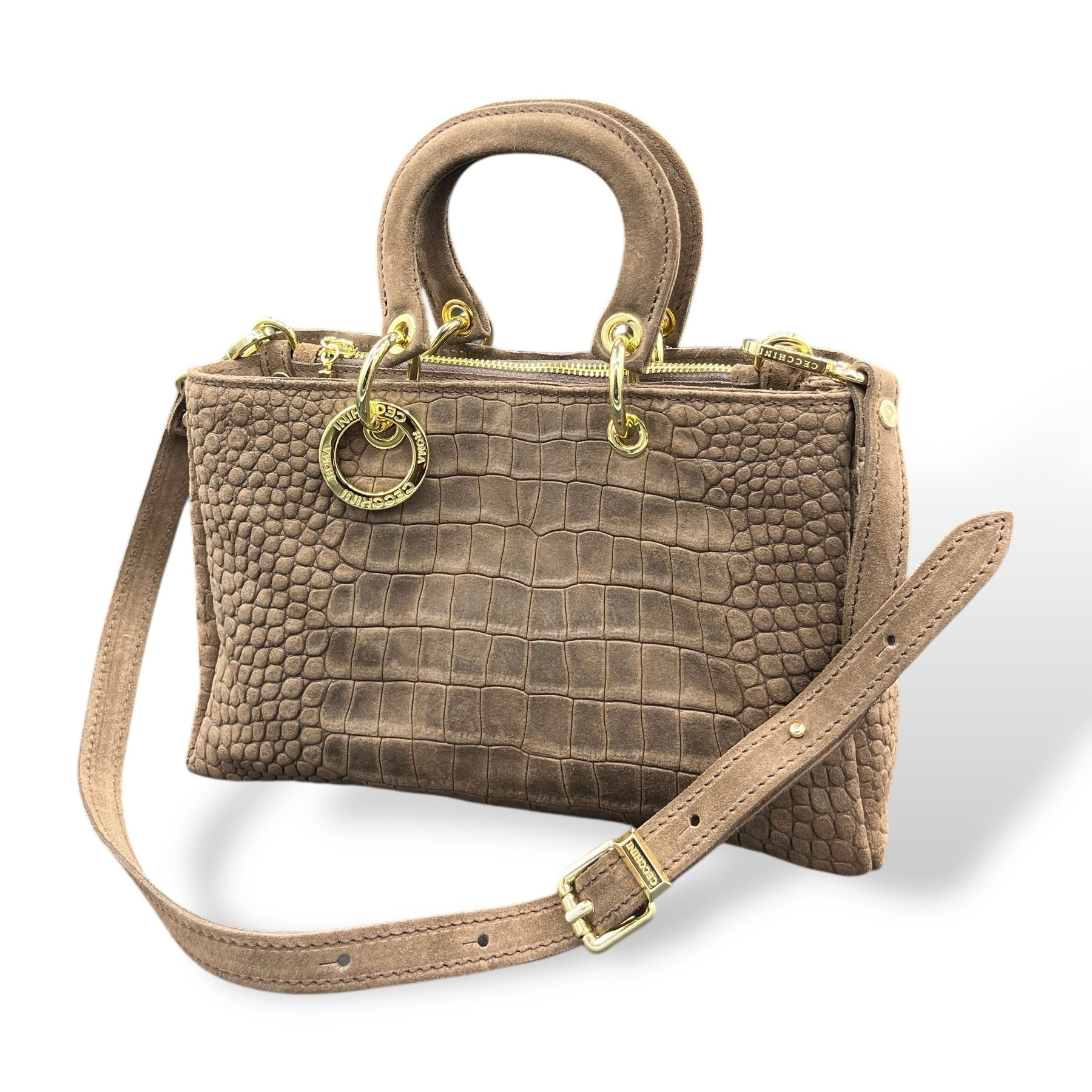 LADY BJ - Women's crocodile embossed suede calf leather handbag