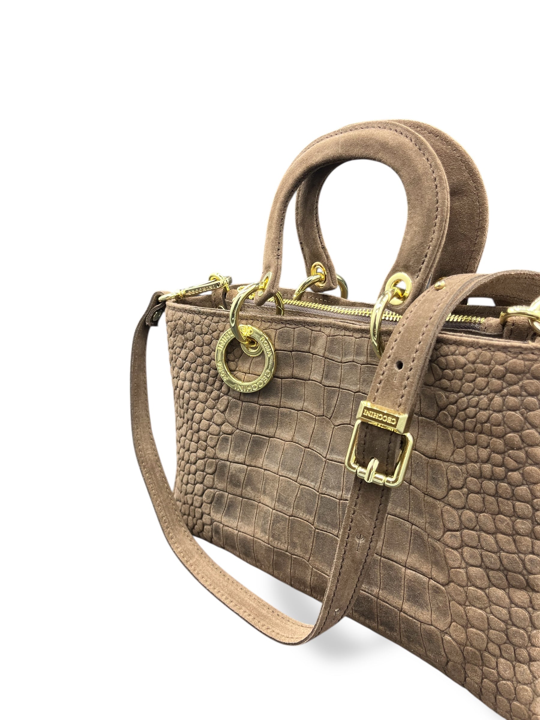 LADY BJ - Women's crocodile embossed suede calf leather handbag