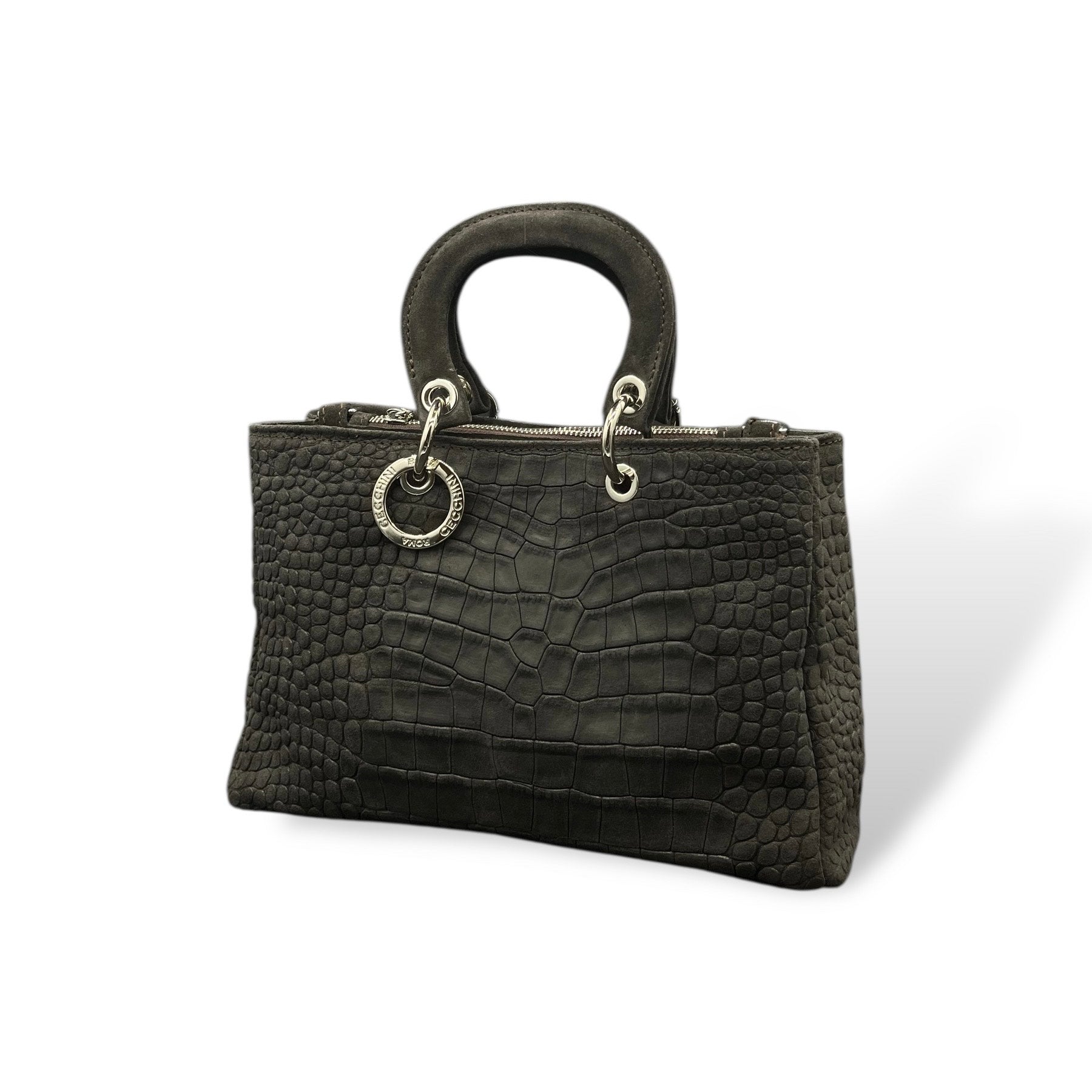 LADY BJ - Women's crocodile embossed suede calf leather handbag