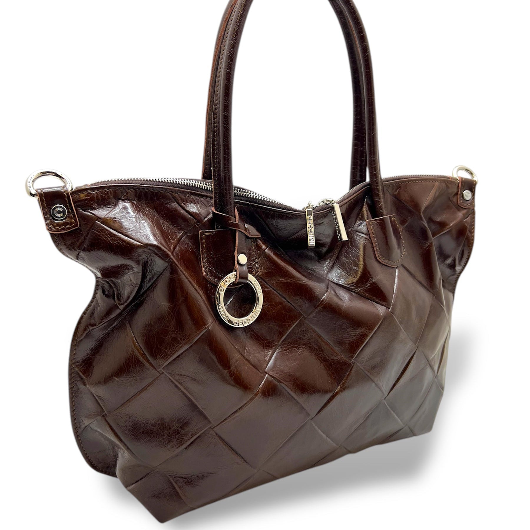 Women's square embossed calf leather shoulder bag - NEVERFULL