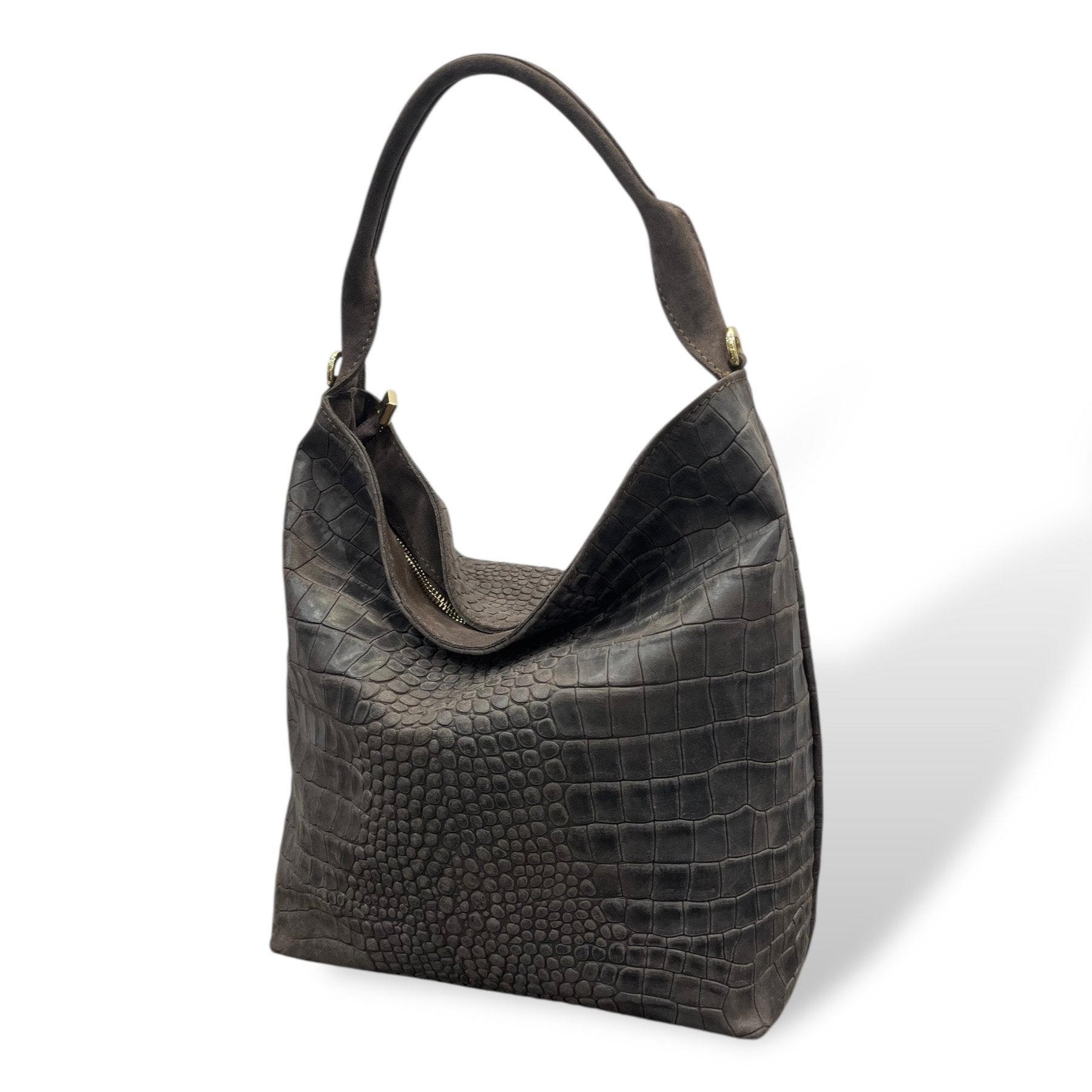 SACCA EMPIRE small - Women's crocodile embossed suede calf leather shoulder bag