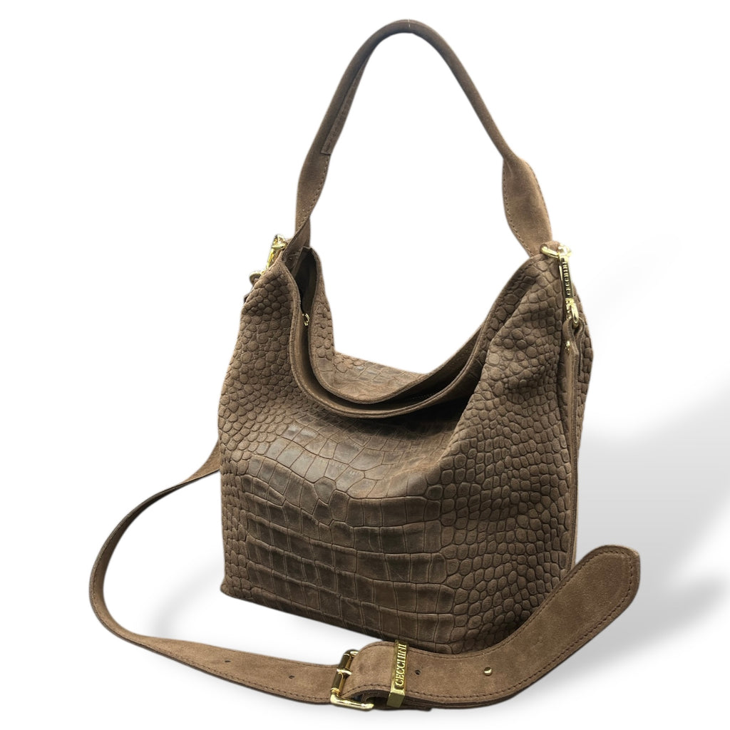 SACCA EMPIRE small - Women's crocodile embossed suede calf leather shoulder bag
