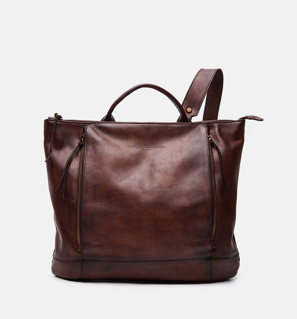 Men's brown buffered crust leather backpack - ZPR7